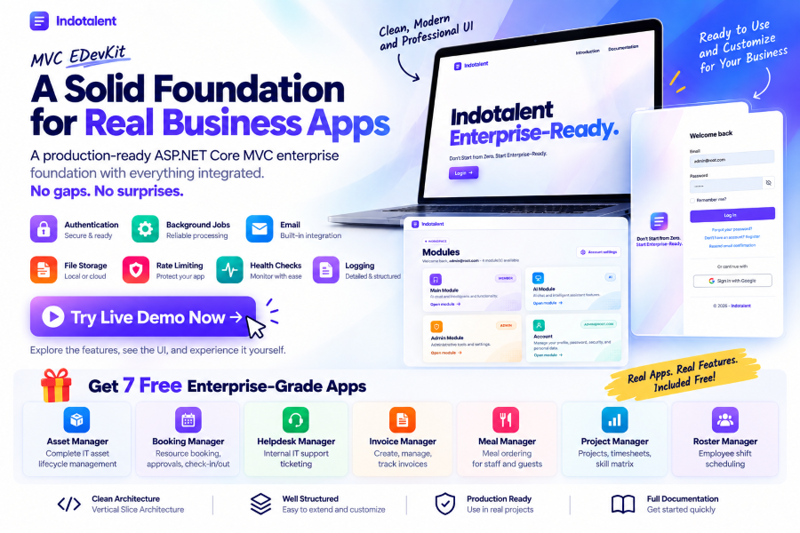 MVC EDevKit AI Ready Starter with 7 bonus applications: Asset, Booking, Helpdesk, Invoice, Meal, Project, and Roster Manager