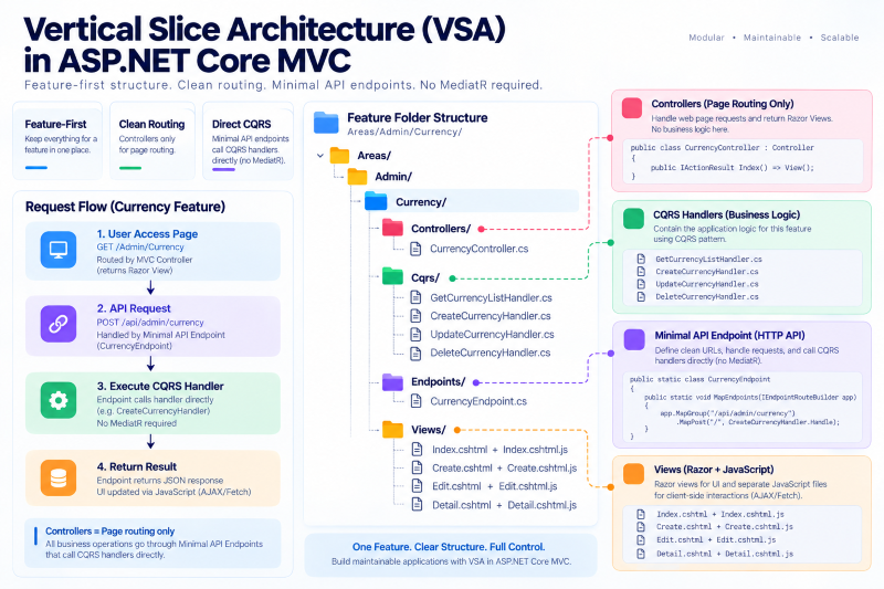 Vertical Slice Architecture in ASP.NET Core MVC: feature-first structure, Areas/Admin/Currency folder tree with Controllers, CQRS handlers, Minimal API endpoint and Razor views